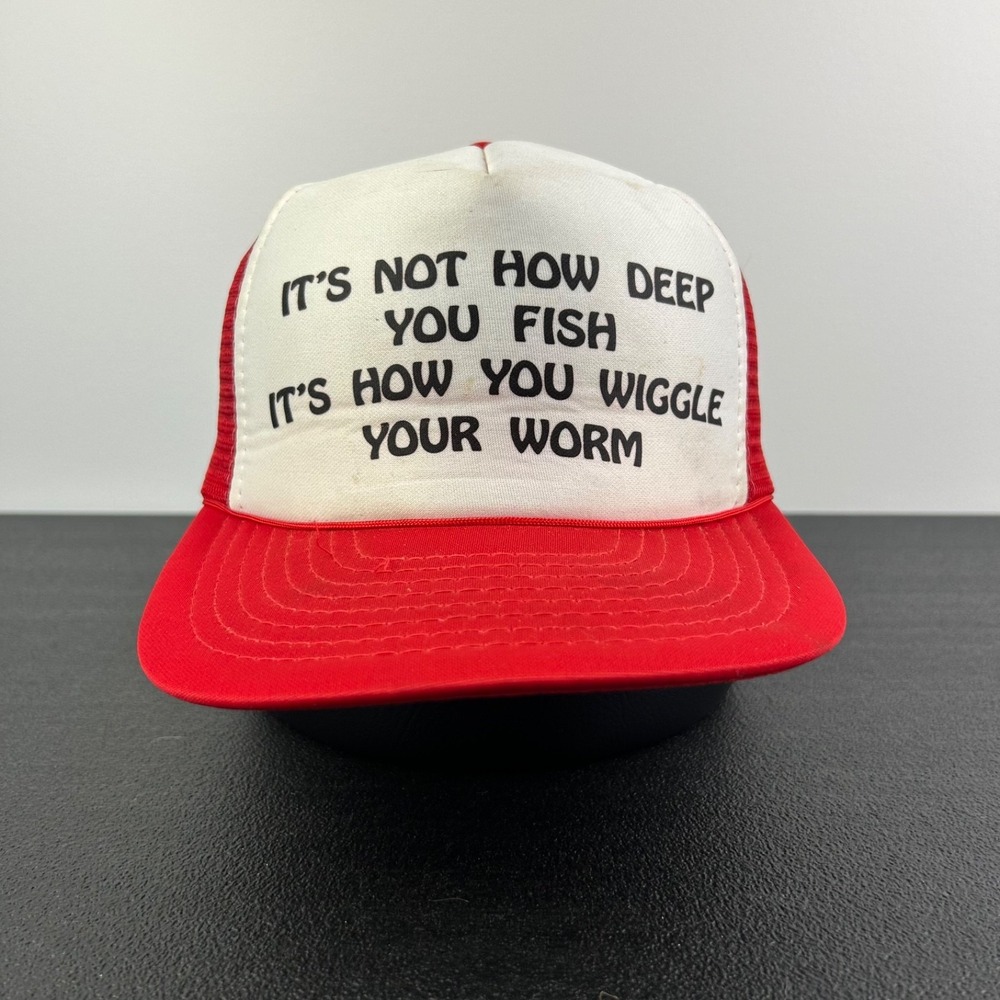 Vintage 90s Fishing Trucker Hat Cap Snap Back Adjustable Red‎ Funny Parody Adult